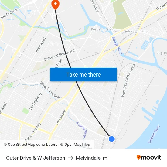 Outer Drive & W Jefferson to Melvindale, mi map