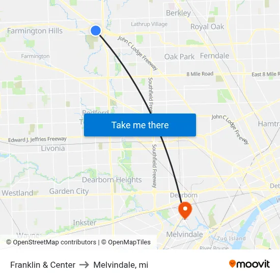 Franklin & Center to Melvindale, mi map