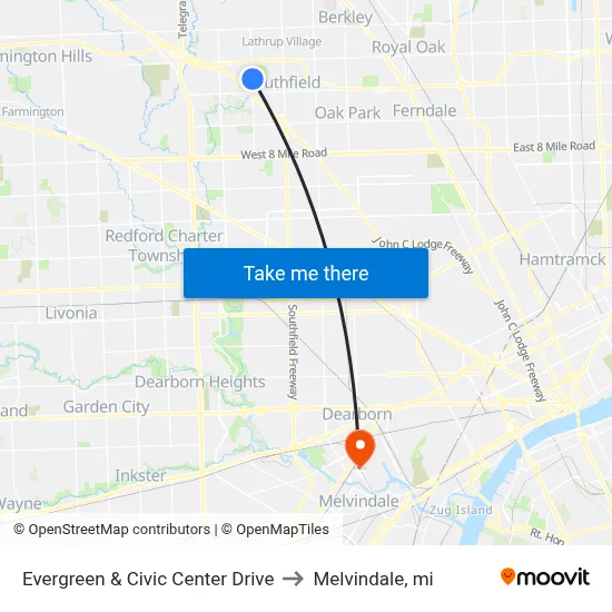 Evergreen & Civic Center Drive to Melvindale, mi map
