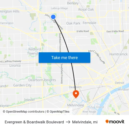 Evergreen & Boardwalk Boulevard to Melvindale, mi map