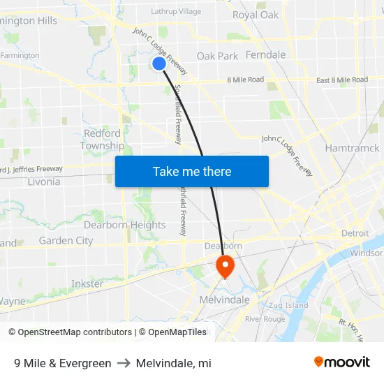 9 Mile & Evergreen to Melvindale, mi map