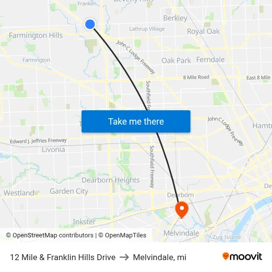 12 Mile & Franklin Hills Drive to Melvindale, mi map