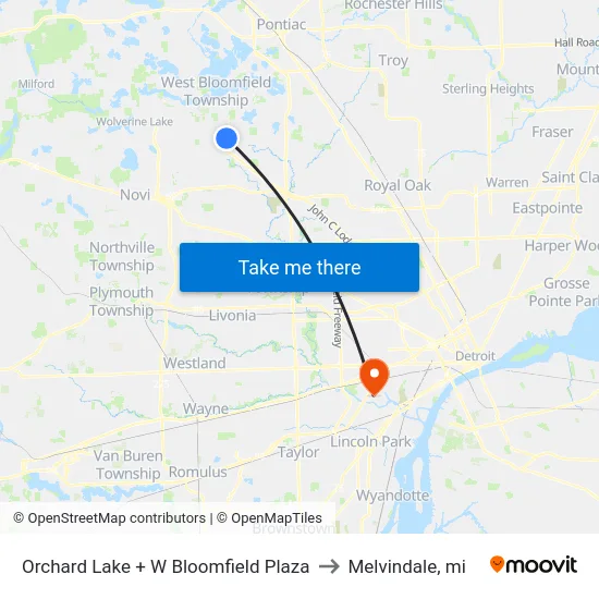 Orchard Lake + W Bloomfield Plaza to Melvindale, mi map