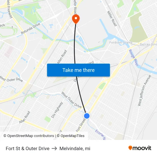 Fort St & Outer Drive to Melvindale, mi map