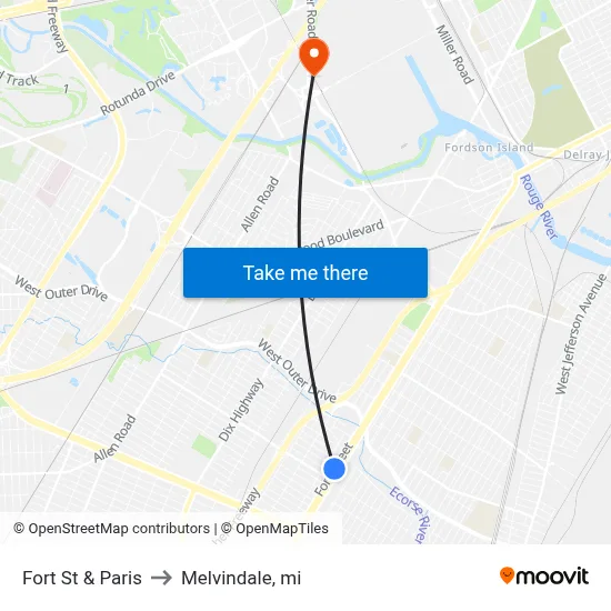 Fort St & Paris to Melvindale, mi map