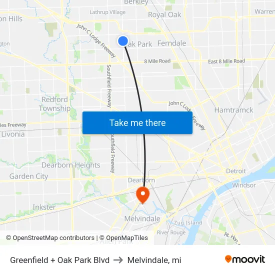 Greenfield + Oak Park Blvd to Melvindale, mi map