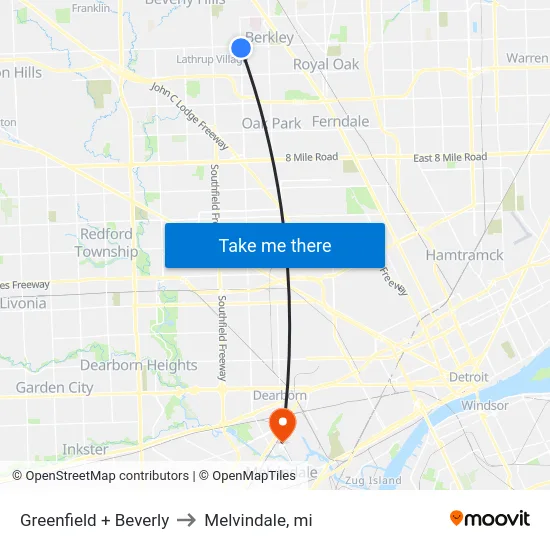 Greenfield + Beverly to Melvindale, mi map