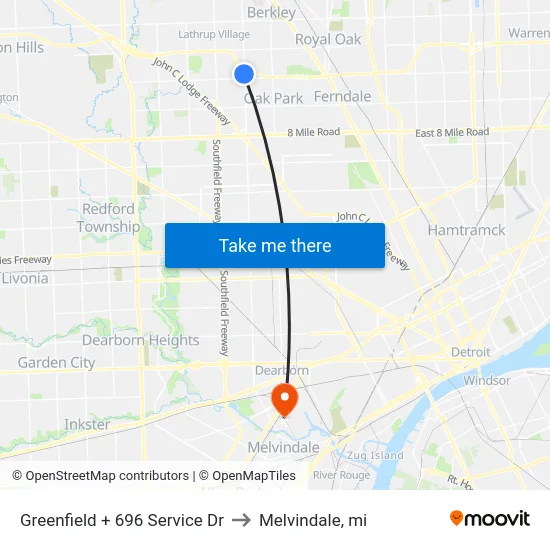 Greenfield + 696 Service Dr to Melvindale, mi map