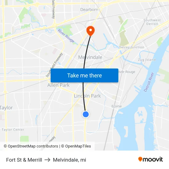 Fort St & Merrill to Melvindale, mi map