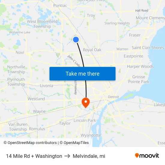 14 Mile Rd + Washington to Melvindale, mi map