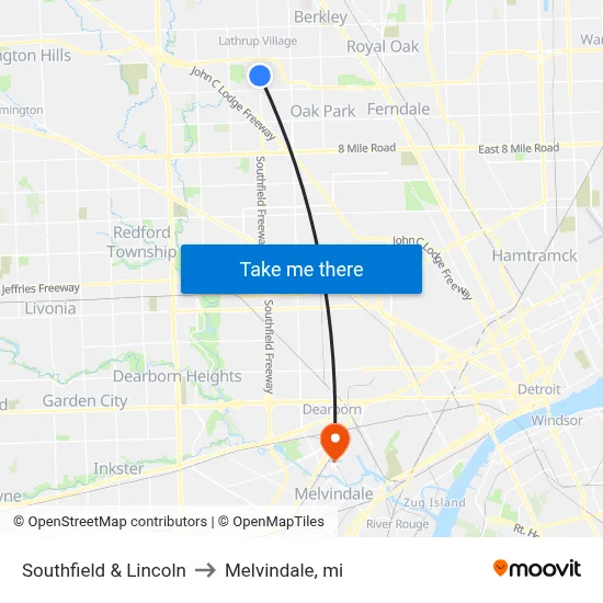Southfield & Lincoln to Melvindale, mi map