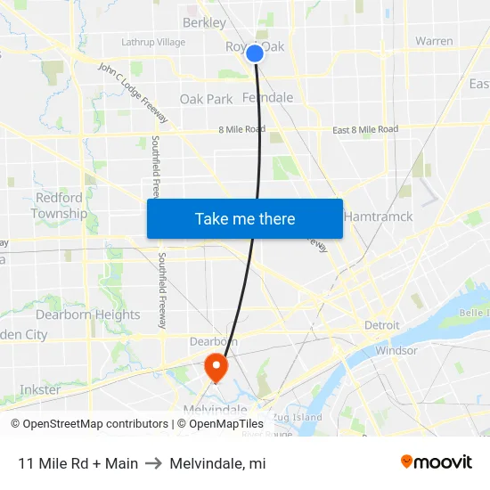 11 Mile Rd + Main to Melvindale, mi map