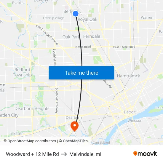 Woodward + 12 Mile Rd to Melvindale, mi map