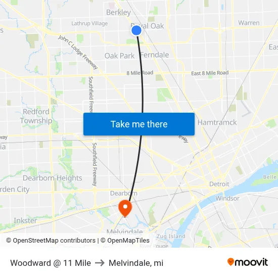 Woodward & 11 Mile to Melvindale, mi map