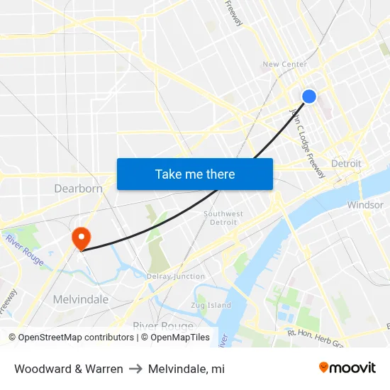 Woodward & Warren to Melvindale, mi map