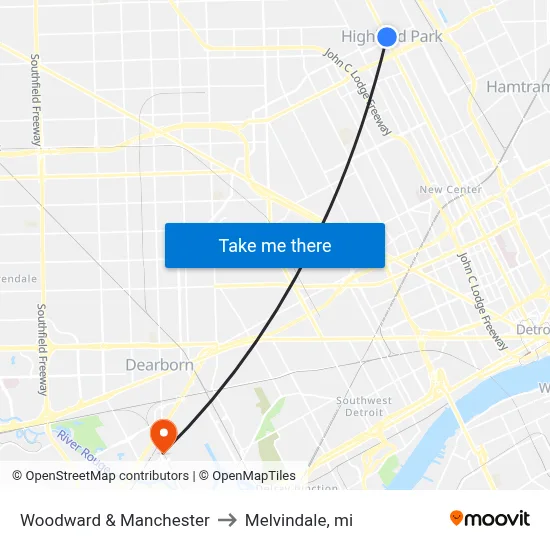 Woodward & Manchester to Melvindale, mi map
