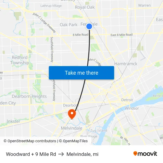 Woodward & 9 Mile to Melvindale, mi map