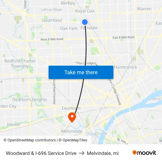 Woodward & I-696 Service Drive to Melvindale, mi map