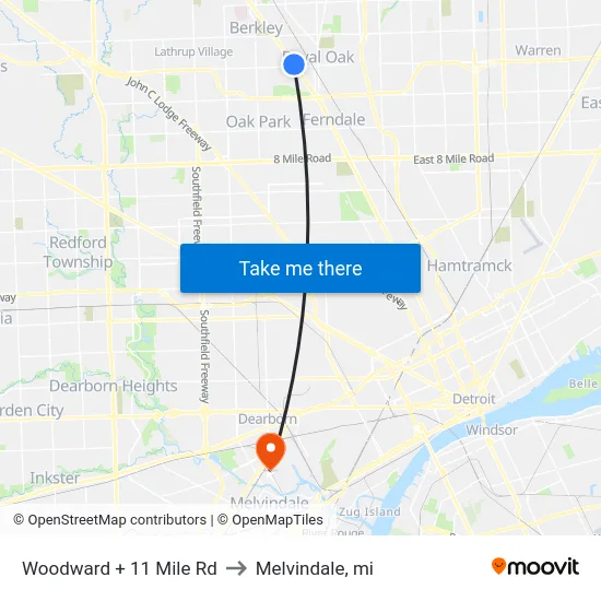 Woodward + 11 Mile Rd to Melvindale, mi map