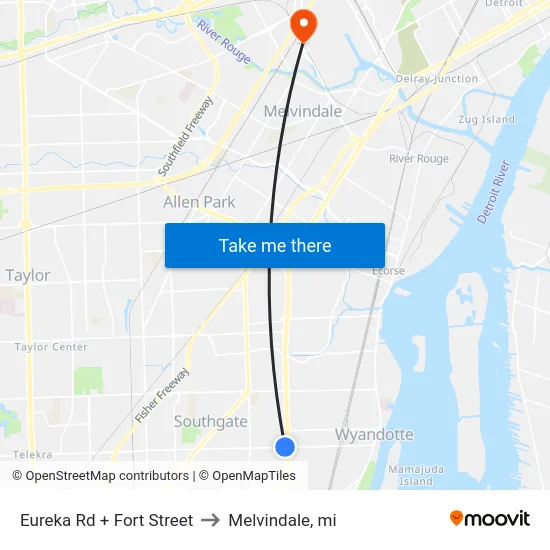 Eureka Rd + Fort Street to Melvindale, mi map