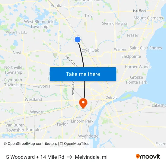 S Woodward + 14 Mile Rd to Melvindale, mi map