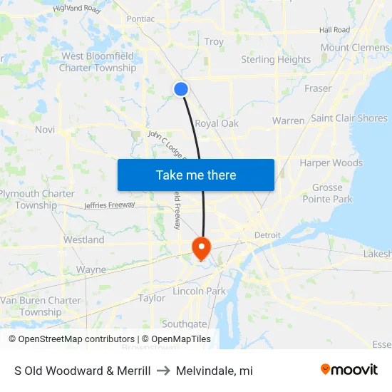 S Old Woodward & Merrill to Melvindale, mi map