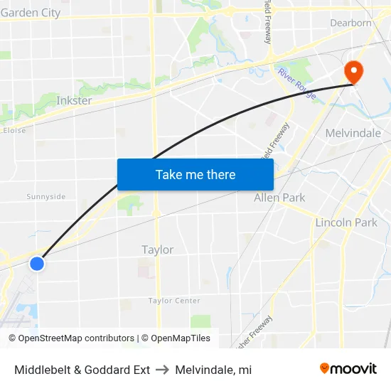 Middlebelt & Goddard Ext to Melvindale, mi map