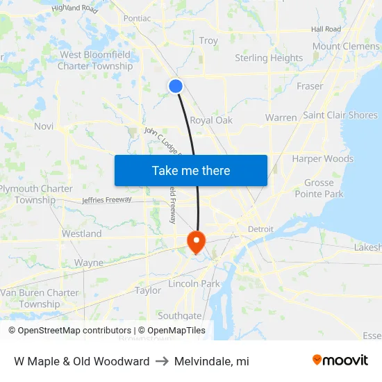 W Maple & Old Woodward to Melvindale, mi map