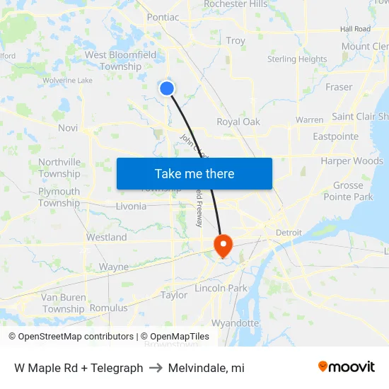 W Maple Rd + Telegraph to Melvindale, mi map