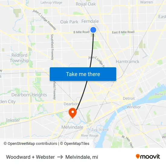 Woodward + Webster to Melvindale, mi map