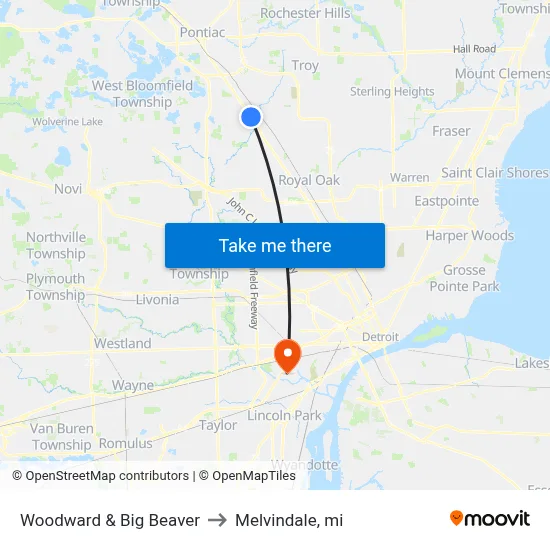 Woodward & Big Beaver to Melvindale, mi map