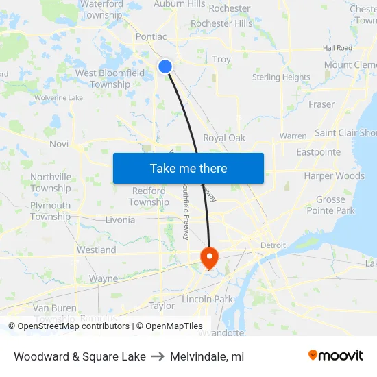 Woodward & Square Lake to Melvindale, mi map