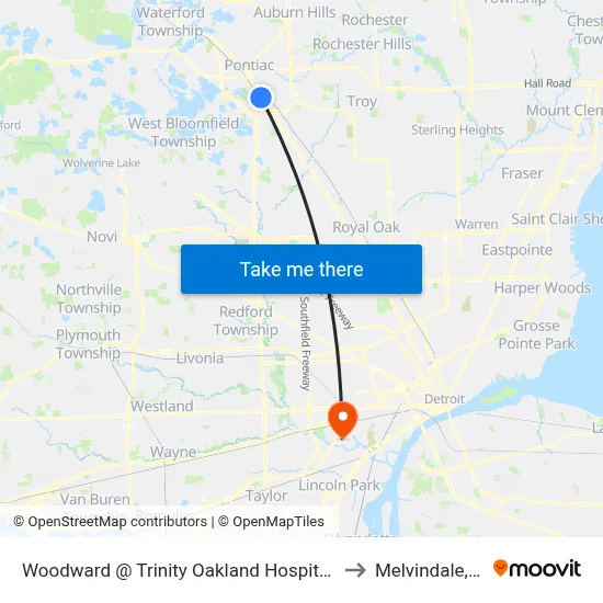 Woodward @ Trinity Oakland Hospital Nb to Melvindale, mi map