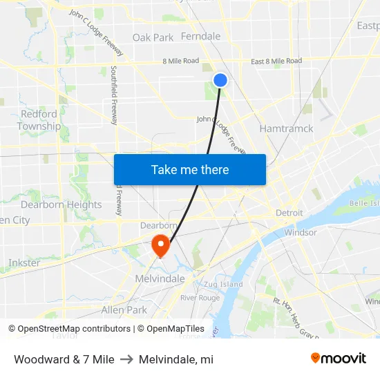 Woodward & 7 Mile to Melvindale, mi map