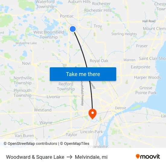 Woodward & Square Lake to Melvindale, mi map