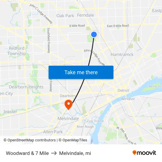 Woodward & 7 Mile to Melvindale, mi map