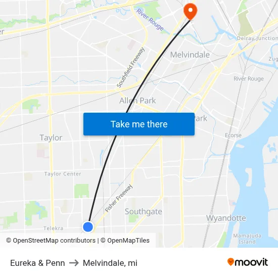 Eureka & Penn to Melvindale, mi map