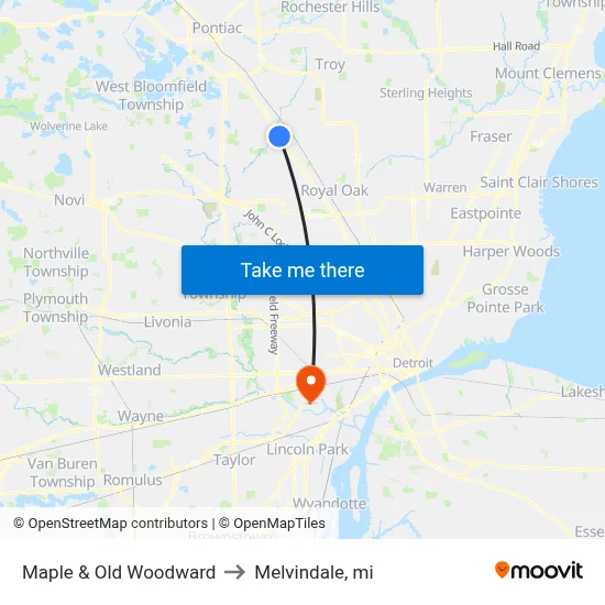 Maple & Old Woodward to Melvindale, mi map