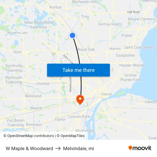 W Maple & Woodward to Melvindale, mi map