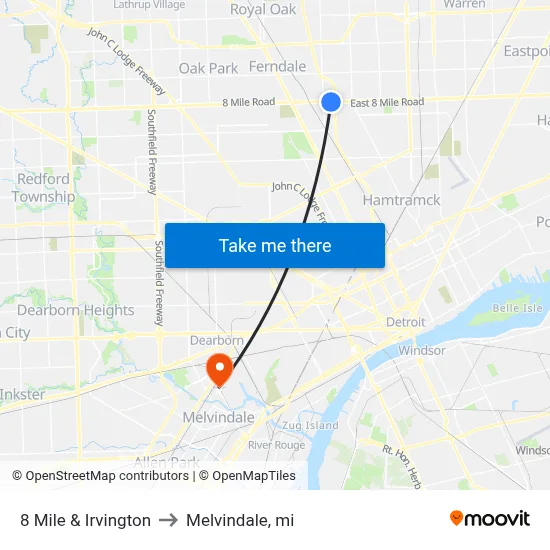 8 Mile & Irvington to Melvindale, mi map