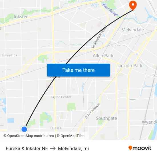 Eureka & Inkster NE to Melvindale, mi map