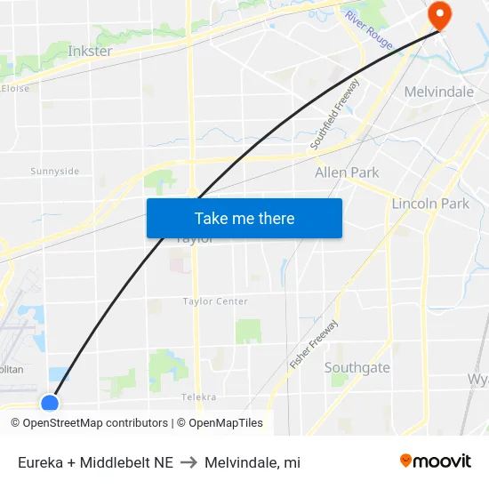Eureka + Middlebelt NE to Melvindale, mi map