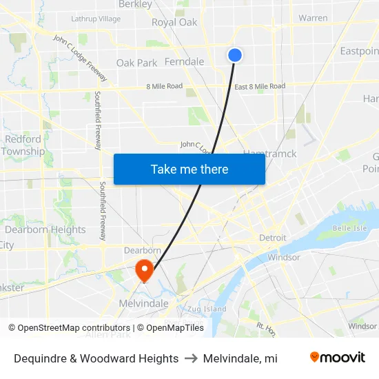 Dequindre & Woodward Heights to Melvindale, mi map