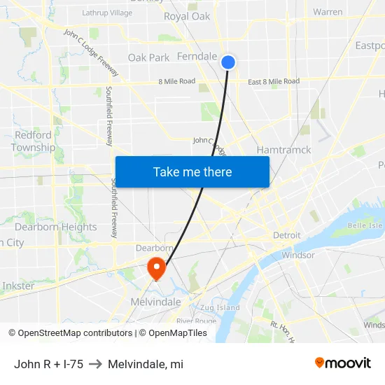 John R + I-75 to Melvindale, mi map