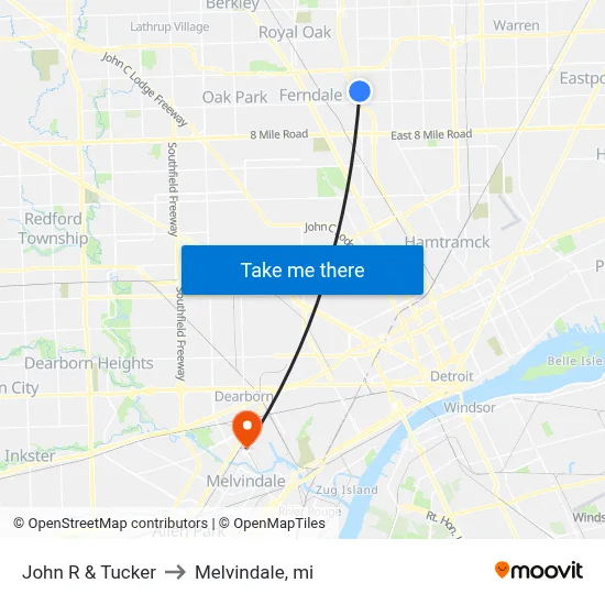 John R & Tucker to Melvindale, mi map