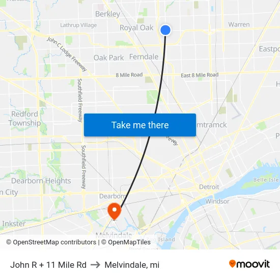 John R + 11 Mile Rd to Melvindale, mi map