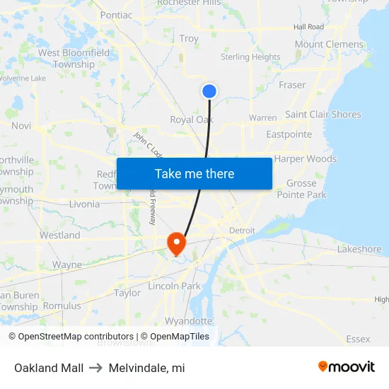Oakland Mall to Melvindale, mi map