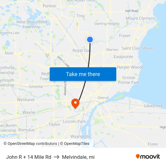 John R + 14 Mile Rd to Melvindale, mi map