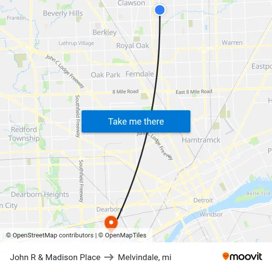 John R & Madison Place to Melvindale, mi map