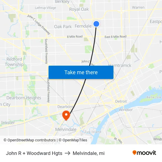 John R + Woodward Hgts to Melvindale, mi map